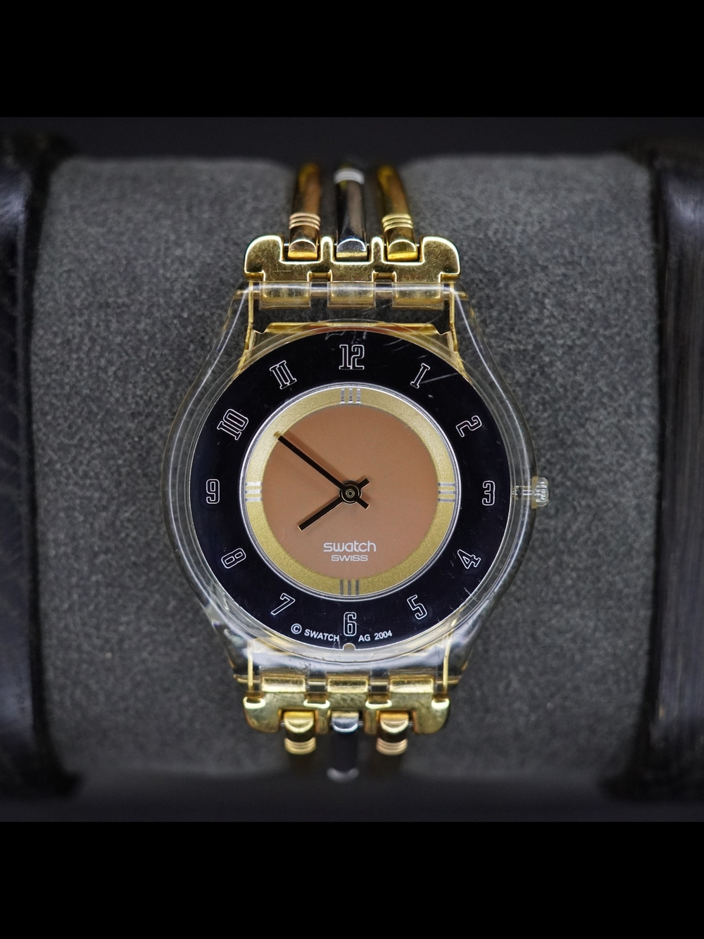 Vintage Swatch Swiss Quartz Transparent Gold Tone Black Dial Ladies Watch Runs